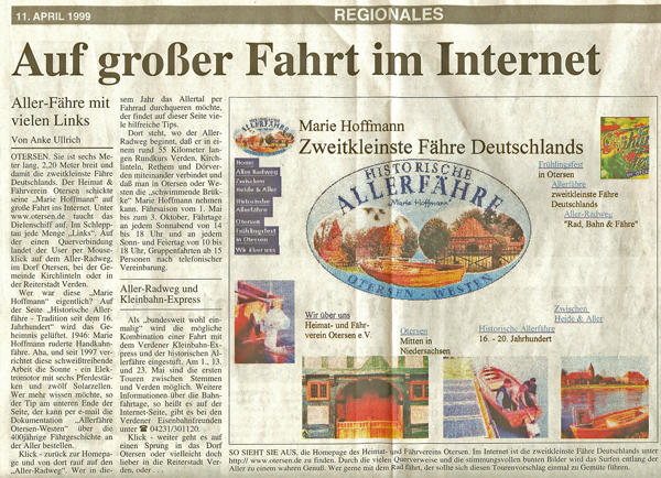 Pressebericht 1999 über unsere 1. Homepage www.otersen.de