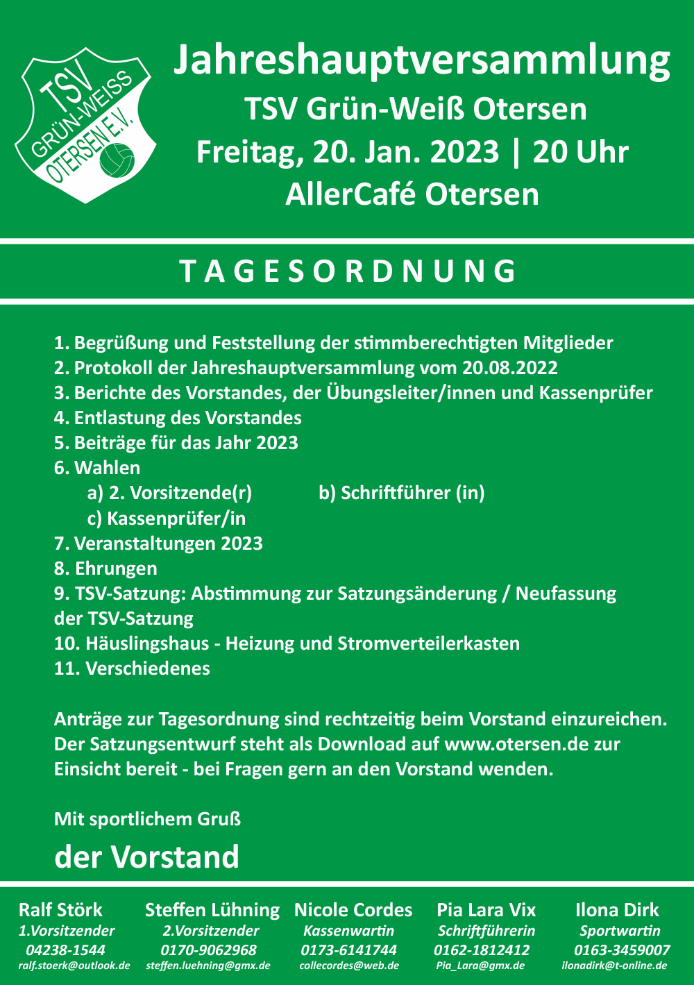 Jahreshauptversammlung TSV Grün-Weiß Otersen @ Allercafé Otersen