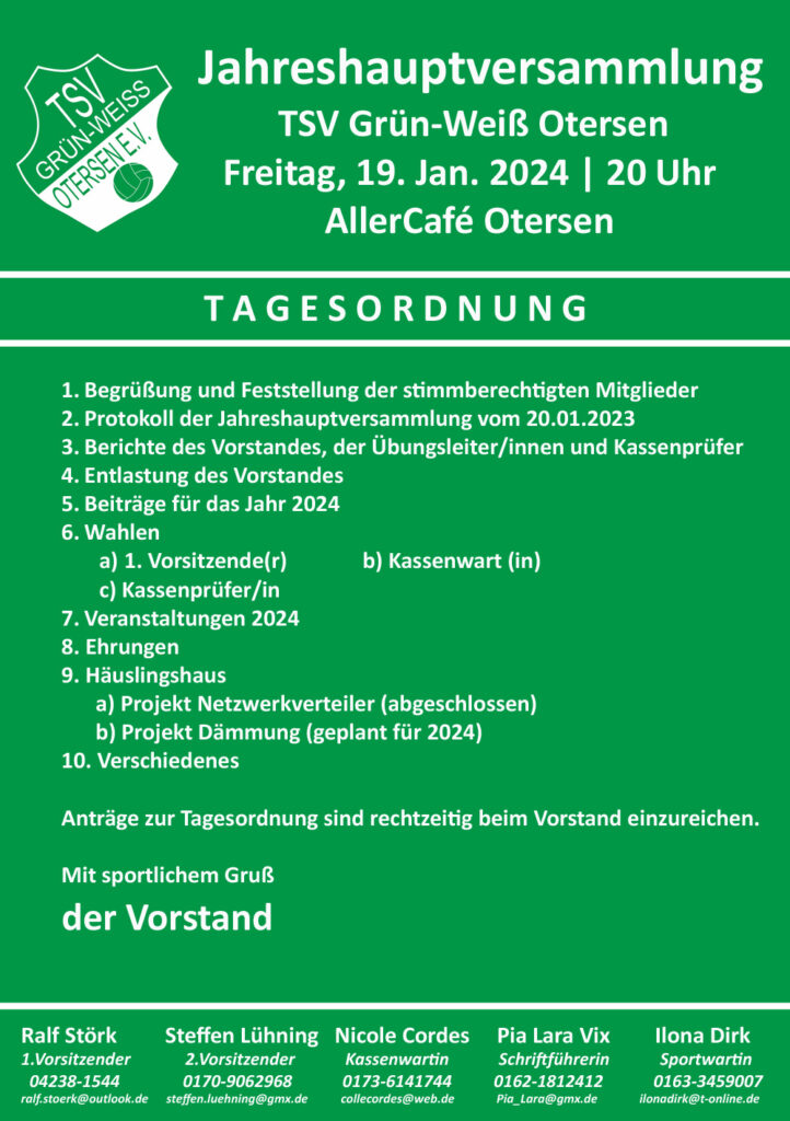 Jahreshauptversammlung TSV Grün-Weiß Otersen @ Allercafé